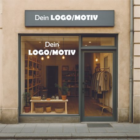 Schaufenster Beschriftung Ladenfassade mit Schaufenster, beschriftet mit "Dein LOGO/MOTIV".