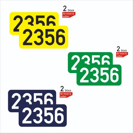 Ordnungsnummer Zwei Sets von nummerierten Schildern in Gelb, Grün und Blau mit den Zahlen 2356.