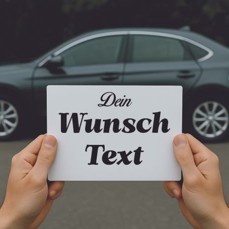 Klebebuchstaben Eine Person hält ein Schild mit dem Schriftzug "Dein Wunsch Text" vor einem Auto.