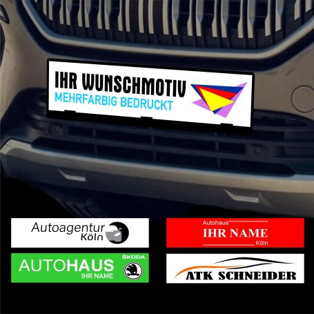 Kennzeicheneinleger mit individuellem Logo Kennzeichen mit Werbung für Autoagentur und Wunschmotiv, buntem Logo oben.