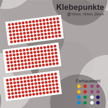 Klebepunkte Drei Blätter mit roten Klebepunkten in verschiedenen Größen auf grauem Hintergrund.